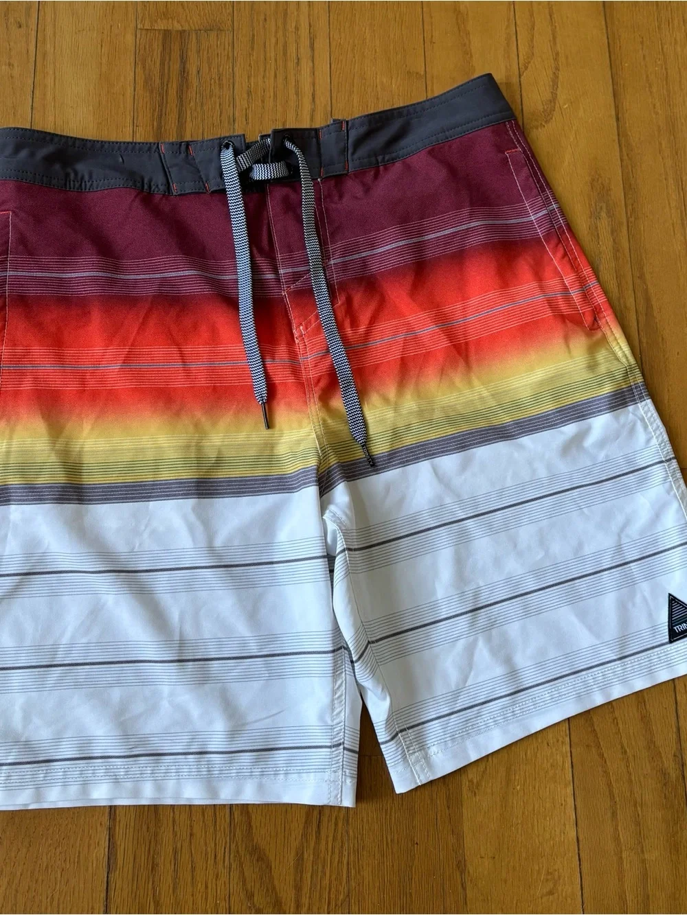 Trinity Ombre Stripe Board Shorts in Maroon, Red, Yellow, White